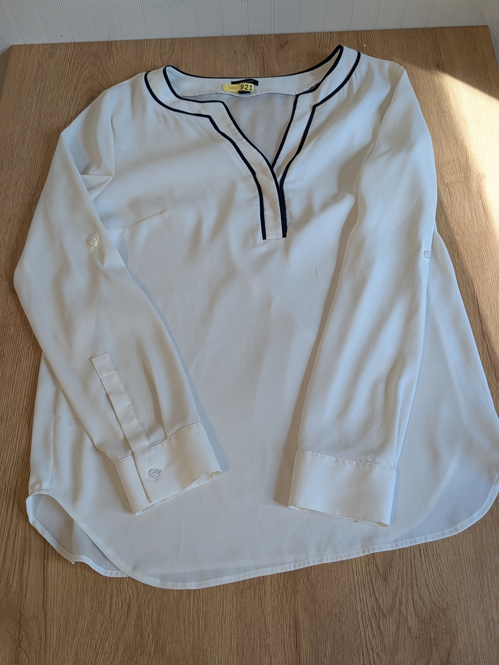 Ann Taylor White Split-Neck Blouse with Black Piping